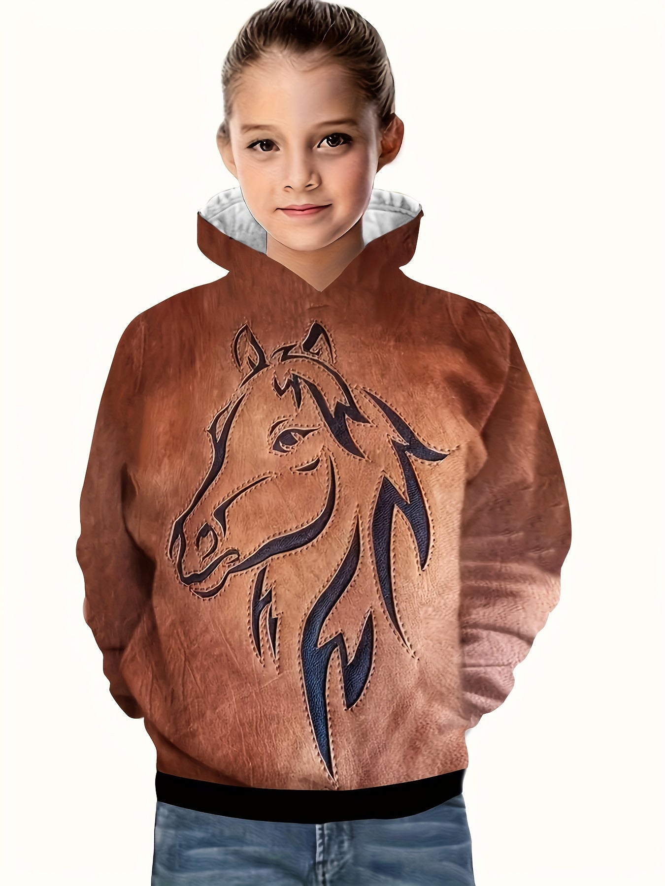 3D Western Style Horse Print Hoodie Pullover Tops for Kids