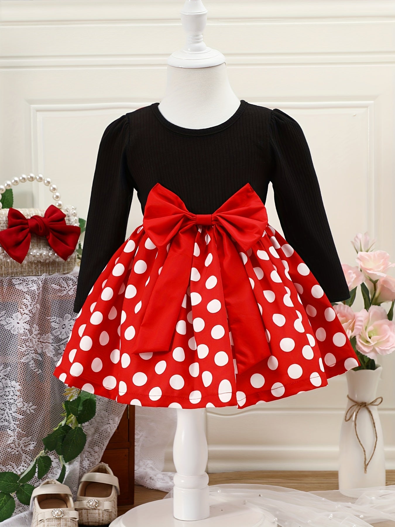 Baby Girls Polka Dot Big Bow Back Long Sleeve Dress