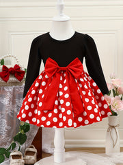 Baby Girls Polka Dot Big Bow Back Long Sleeve Dress