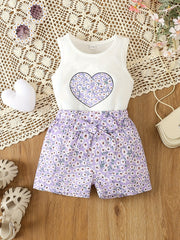Toddler Girl's Floral Heart Print Romper with Belted Shorts