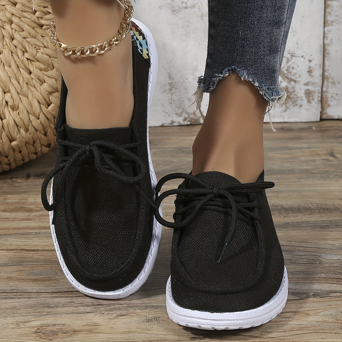 Women's Geometric Printed Flat Loafers Lace Up Round Toe Walking Sneakers