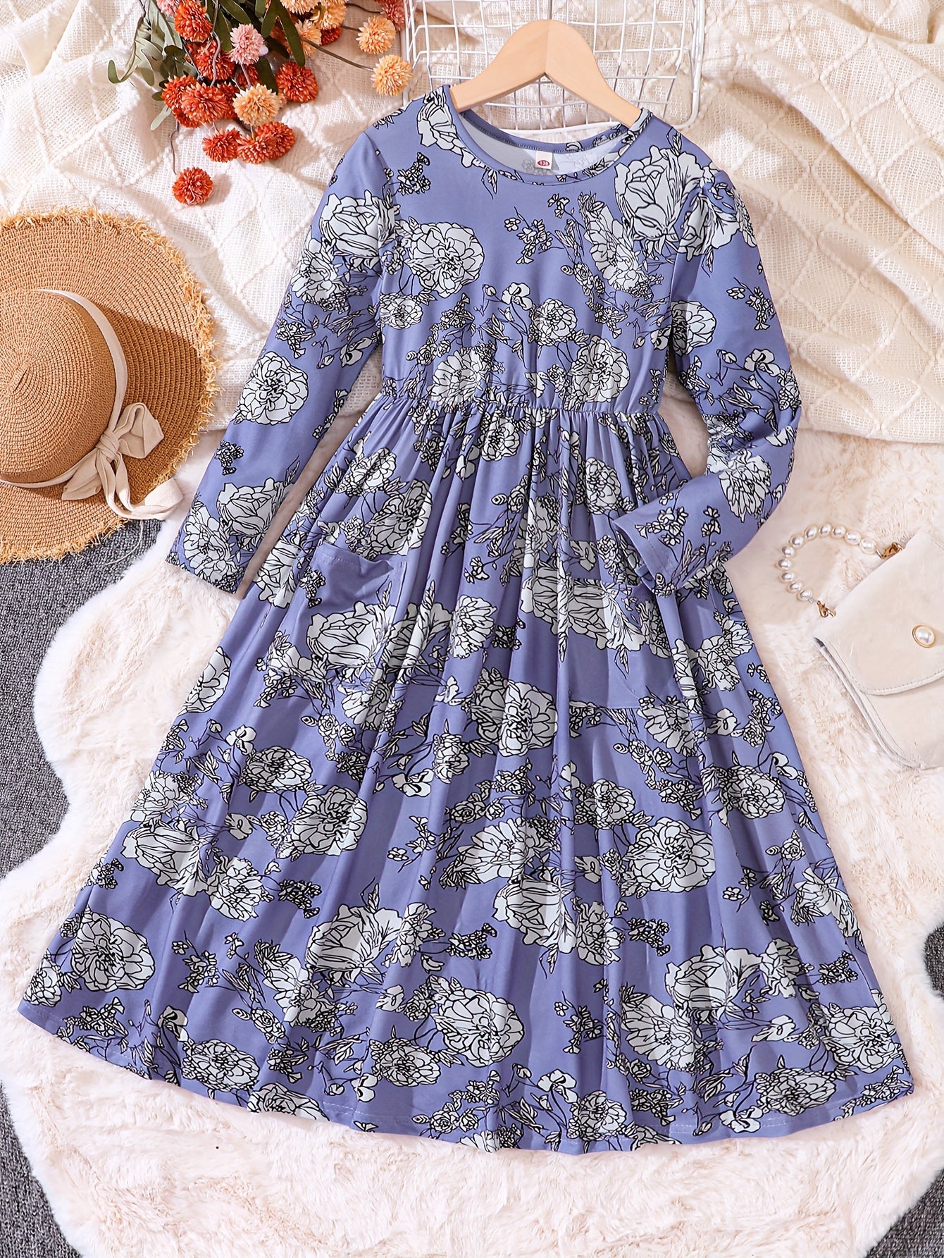 Girls' Retro Floral Print Long Sleeve Dress With Belt