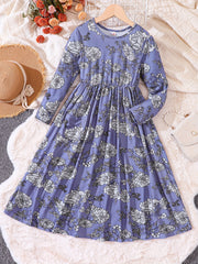 Girls' Retro Floral Print Long Sleeve Dress With Belt