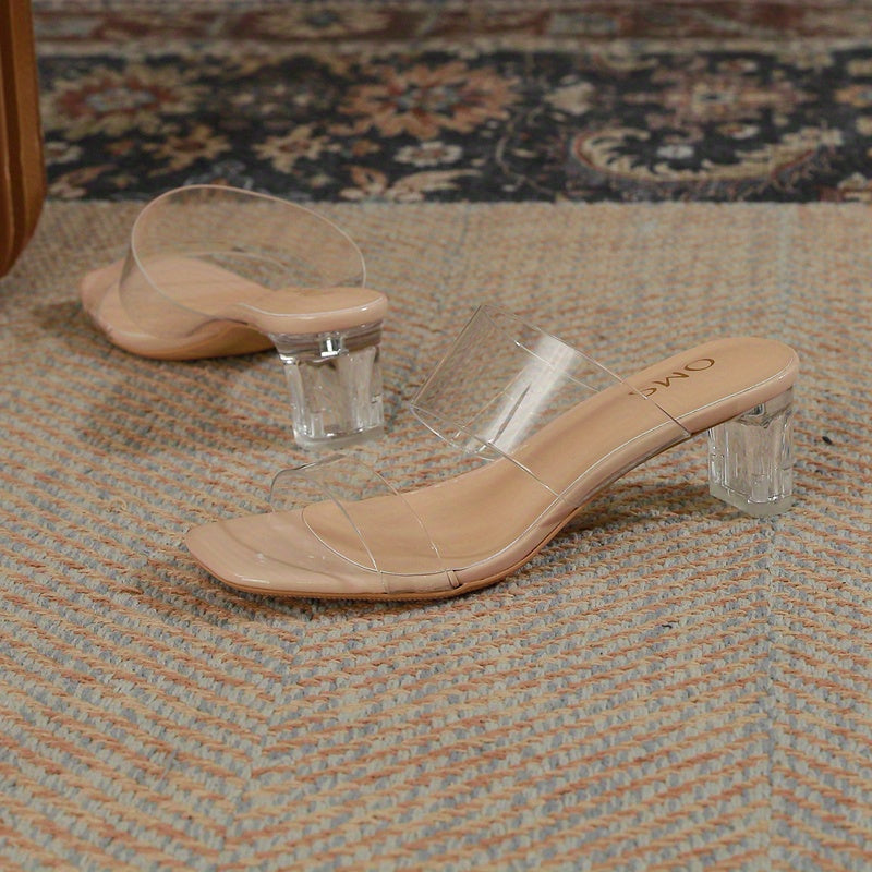 Crystal Block Heel Sandals Double Strap Pumps Square Toe Women's Summer Heels