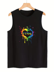 Heart Print Sleeveless Sports Vest Round Neck Stretchy Casual Tops for Women