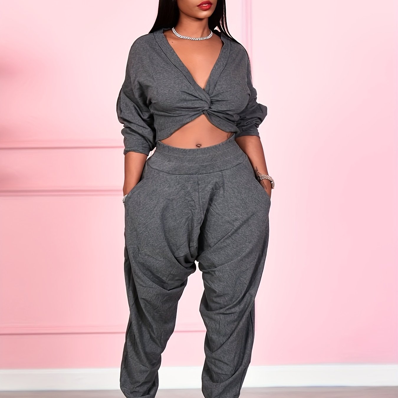 Solid Off Shoulder Crop Top & Pants Set Plus Size
