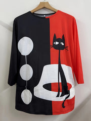Colorblock Cat Print Long Sleeve Round Neck Dress Plus Size
