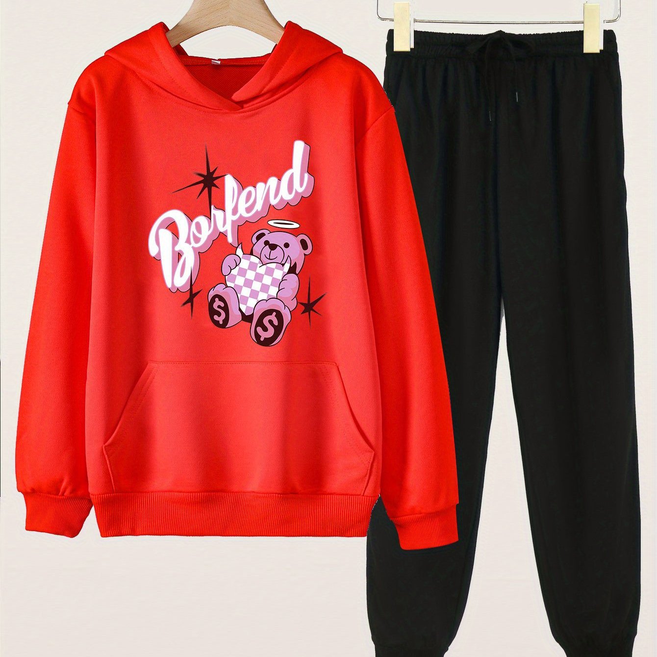 2pcs Bear Print Girls Hoodie & Solid Sweatpants Set