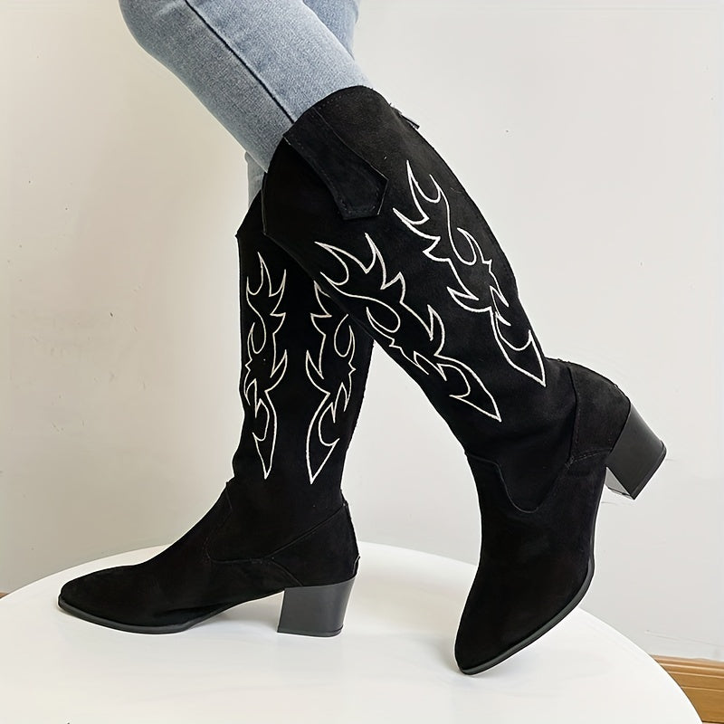 Women's Embroidered Chunky Heel Boots Point Toe Back Zipper Boots