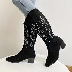 Women's Embroidered Chunky Heel Boots Point Toe Back Zipper Boots