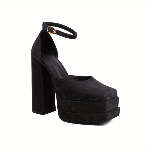 Women's Solid Block Heels Buckle Strap Platform Pumps Dress Heels