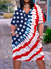 Star & Stripe Print V Neck Dress with Pockets