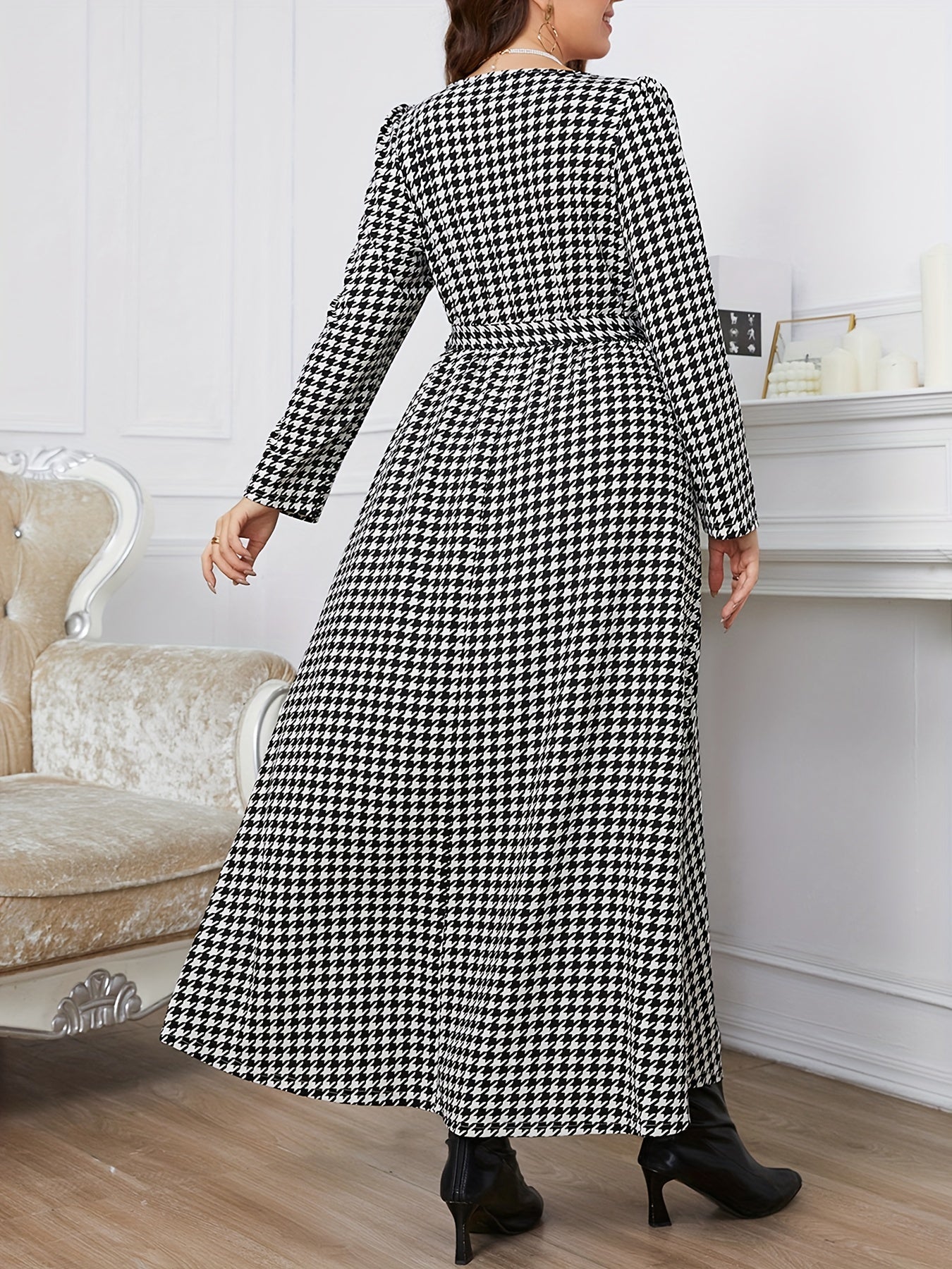 Women's Houndstooth Print Maxi Dress With Belt