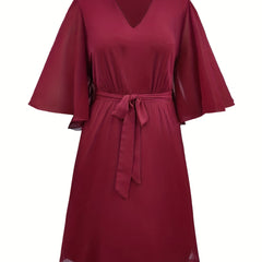 Flutter Sleeve V Neck Dress With Belt