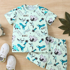 Dinosaur Full Body Print T shirt & Shorts Set Outfit For Boys Kids