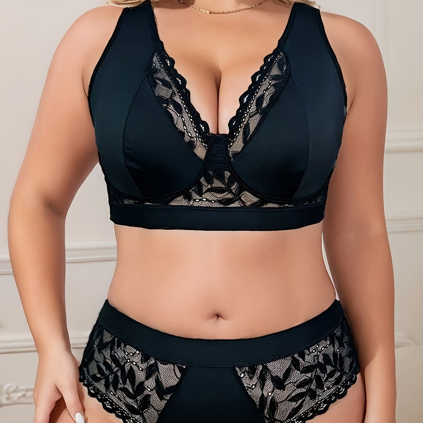 Contrast Lace V Neck Bra & Panty Set