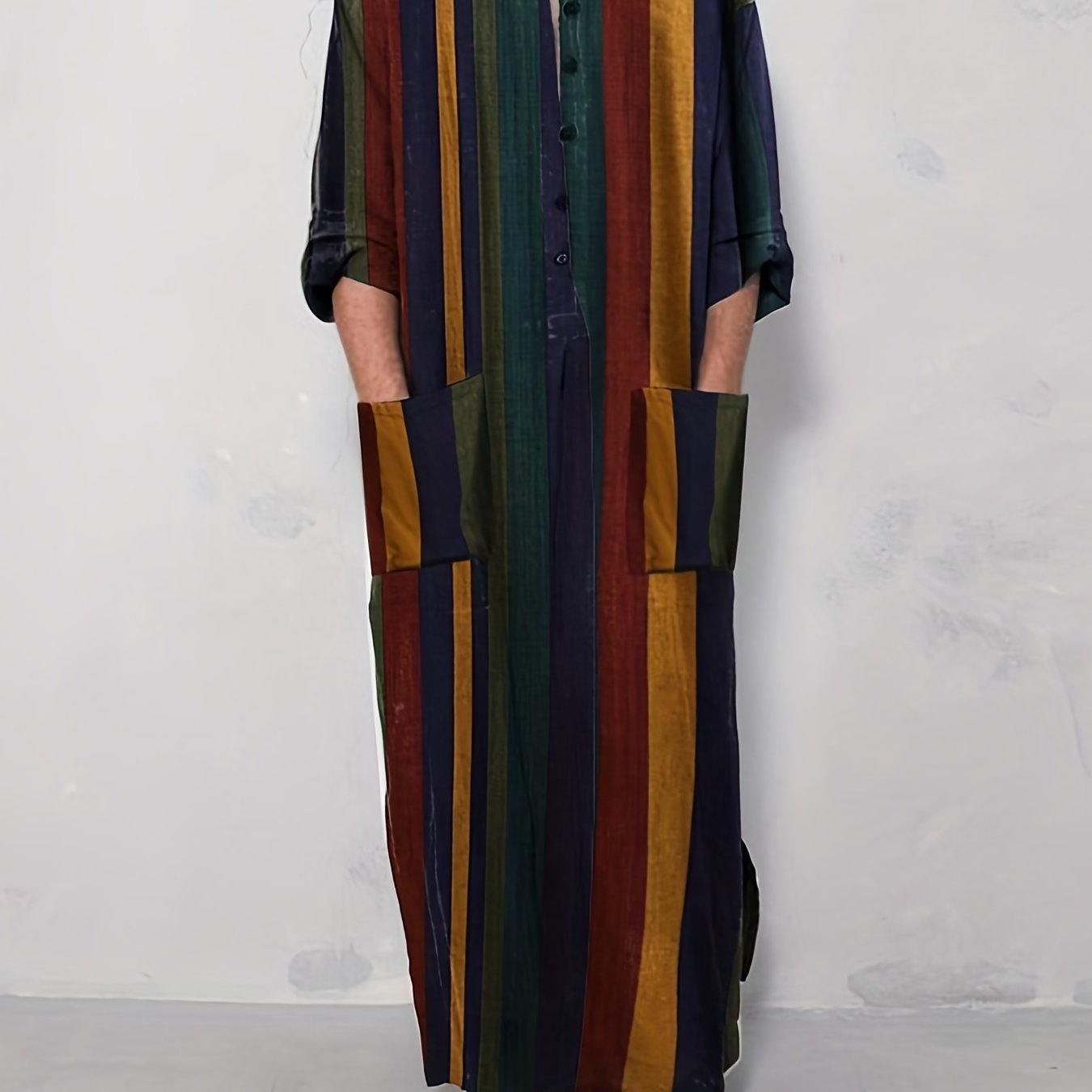 INCERUN Men's Striped Kaftan Robe Islamic Style Jubba Thobe