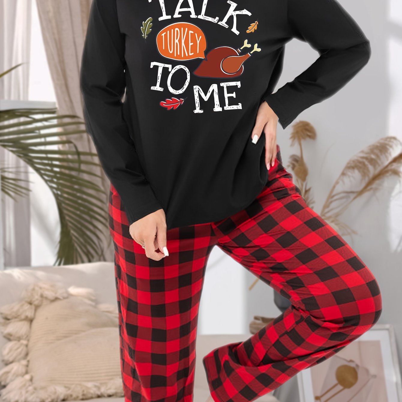 Turkey Print Tee & Plaid Pants Pajama Set