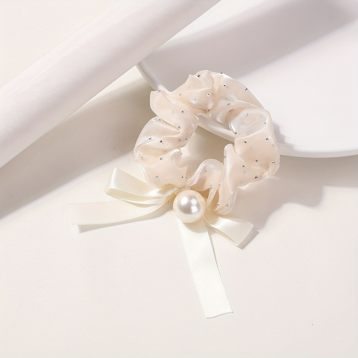 Mesh Scrunchie Faux Pearl Bow Ribbon Hair Rope Elastic Hair Tie