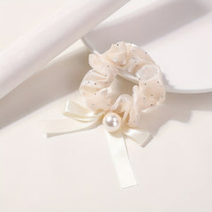 Mesh Scrunchie Faux Pearl Bow Ribbon Hair Rope Elastic Hair Tie