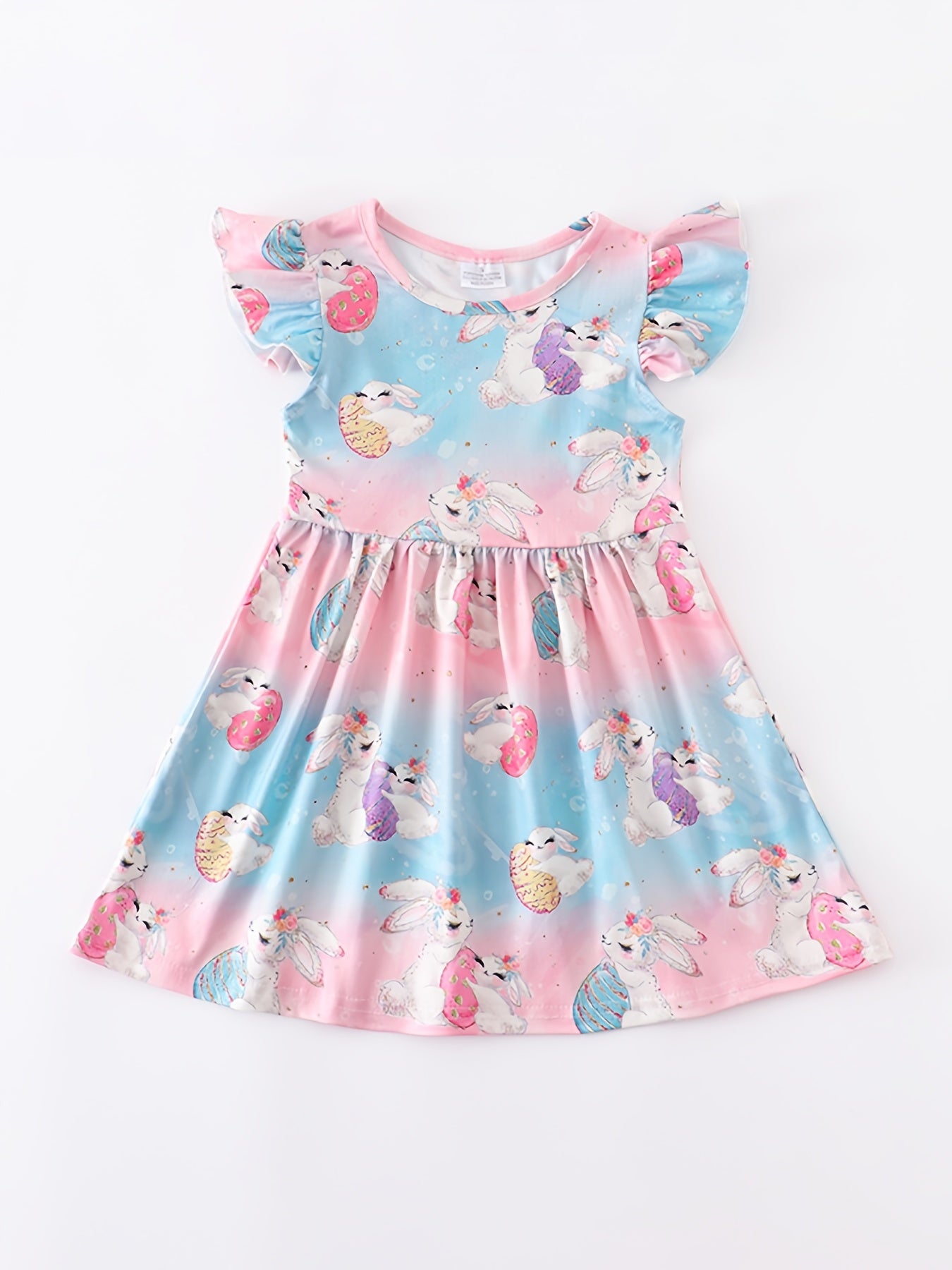Baby Girls Short Sleeve Ruffles Round Neck Easter Bunny Print Dress