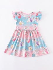 Baby Girls Short Sleeve Ruffles Round Neck Easter Bunny Print Dress
