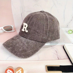 R Shaped Washed Baseball Cap Sun Hat for Men and Women