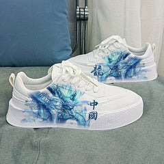 Men's Dragon Print Platform Sneakers Lace-up Skate Shoes