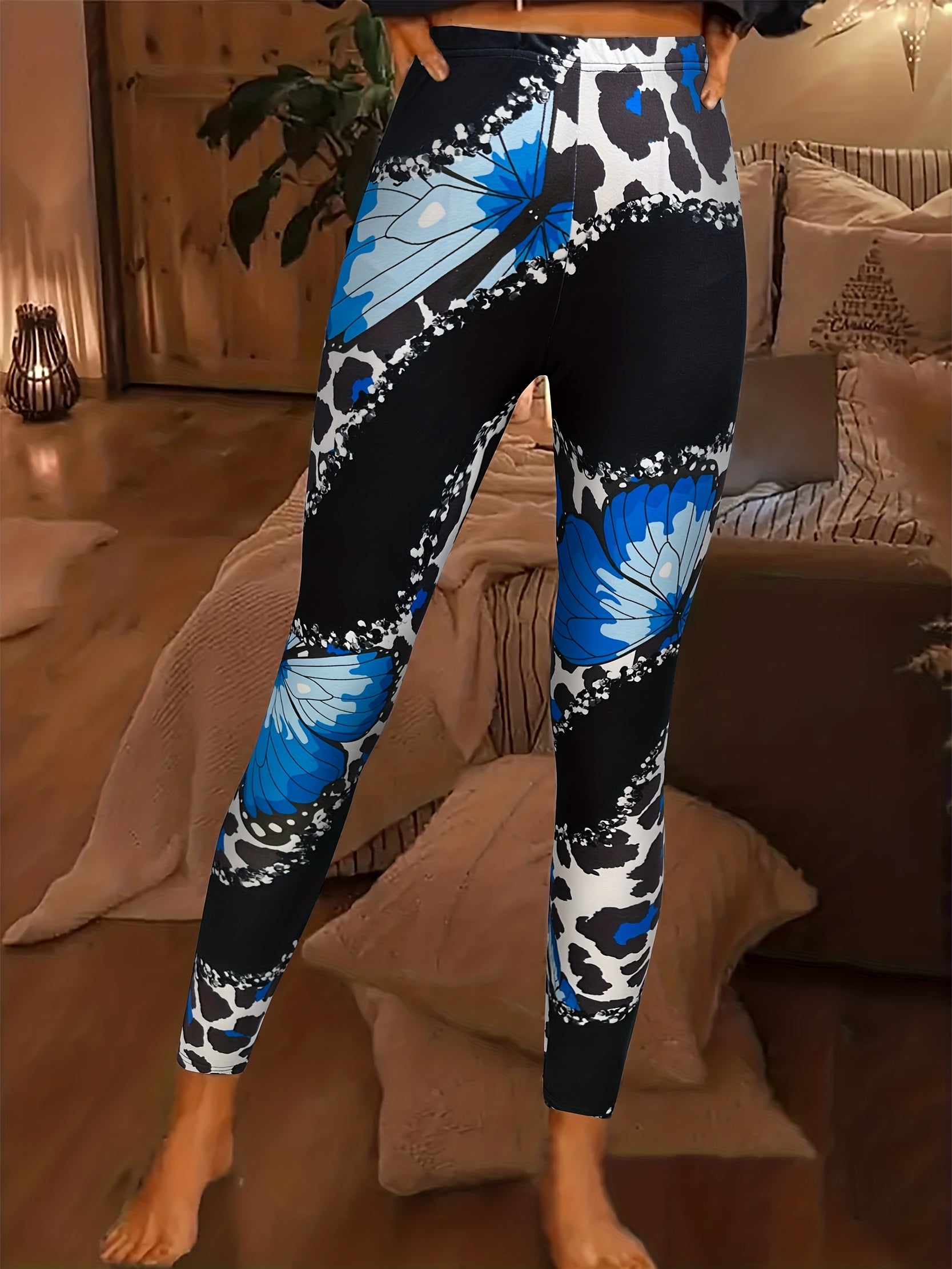 Butterfly & Leopard Print Skinny Leggings High Waist Stretchy Leggings