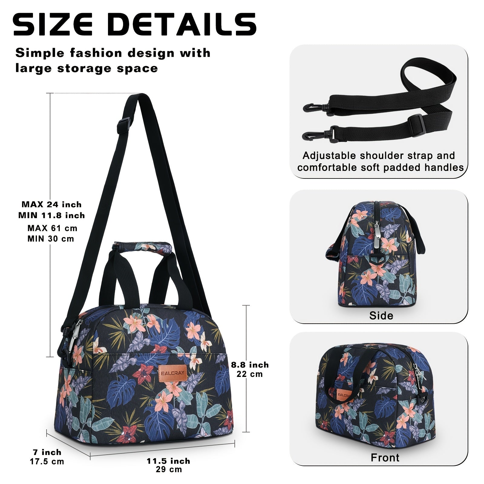 Flower Pattern Insulated Lunch Bag with Shoulder Strap