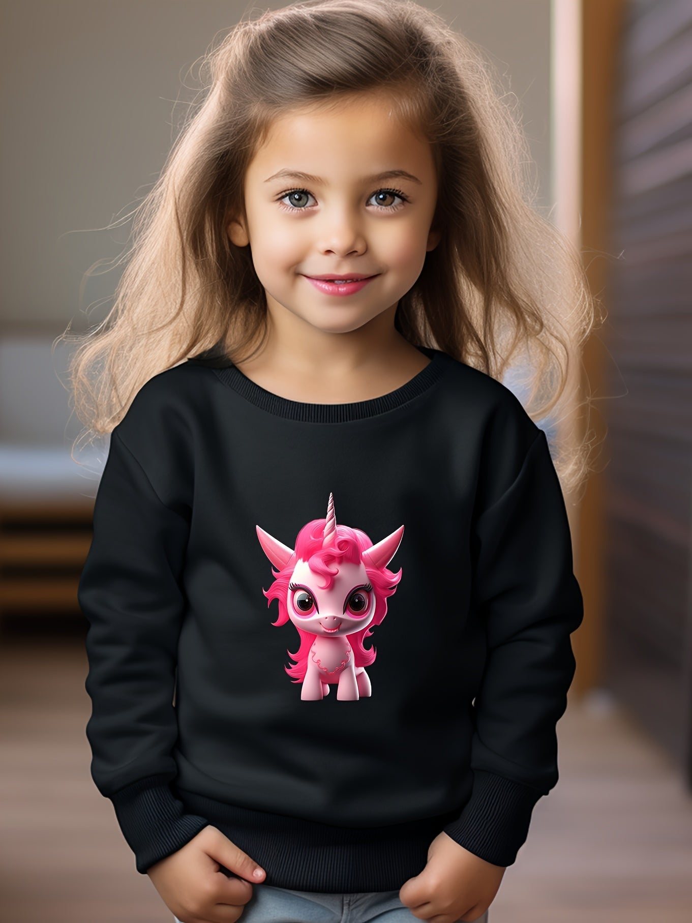 Girls Unicorn Pattern Crew Neck Sweatshirt For Spring Fall Christmas Gift