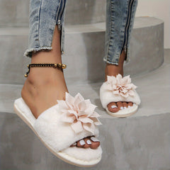 Women's Flower Decor Plush Slippers Lightweight Faux Fur Slip-Ons
