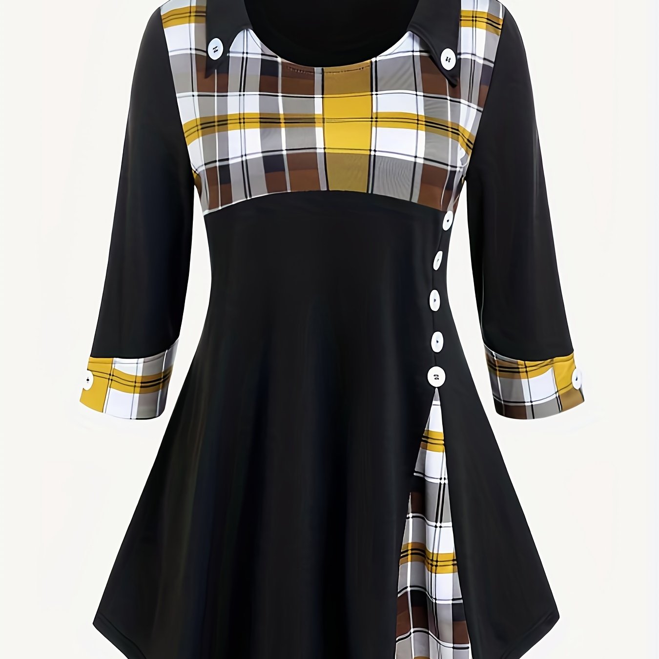 Colorblock Plaid Long Sleeve A Line Dress