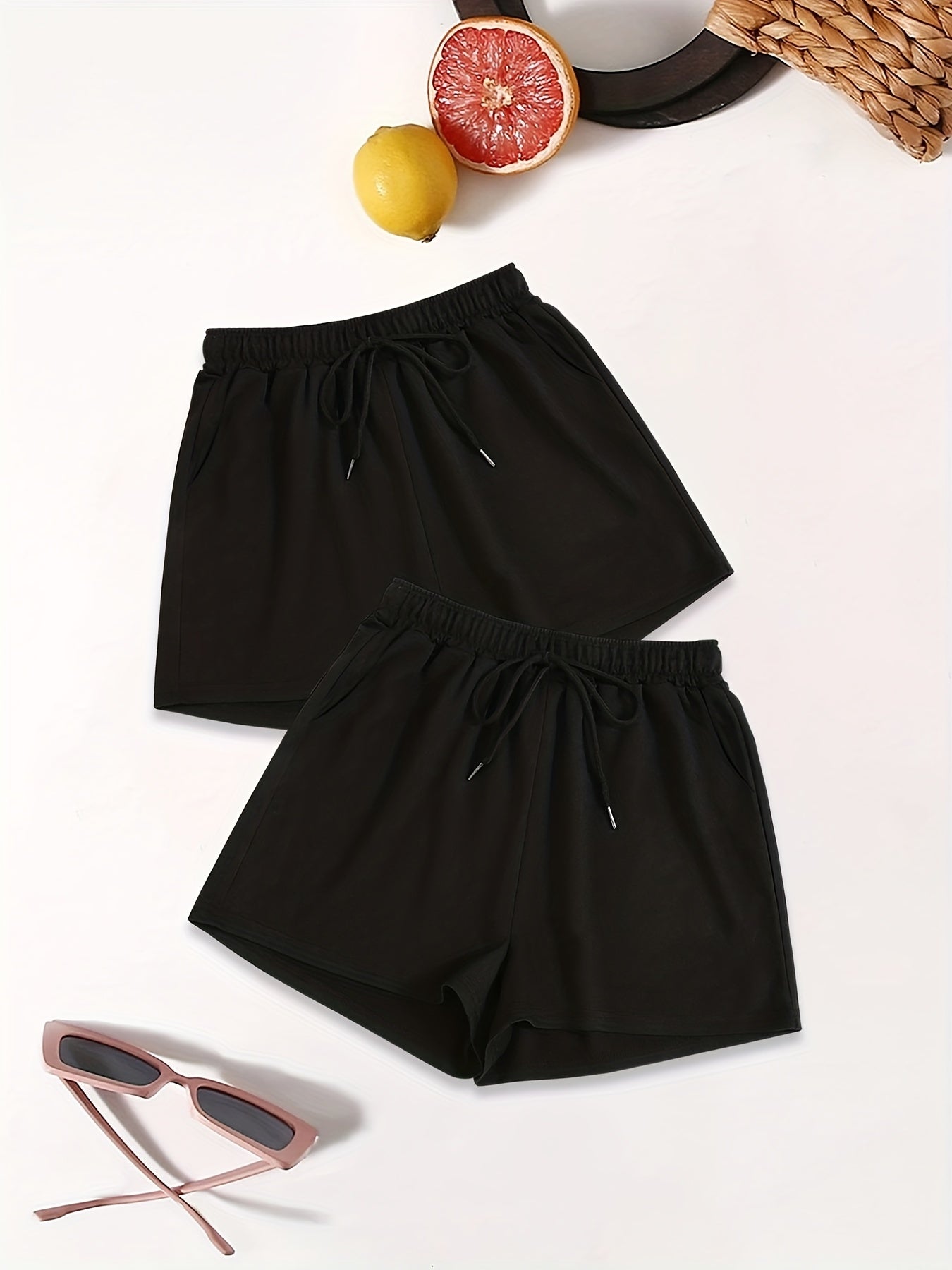 Drawstring Solid Shorts 2 Pack Casual Elastic Waist Workout Shorts Women's Cloth