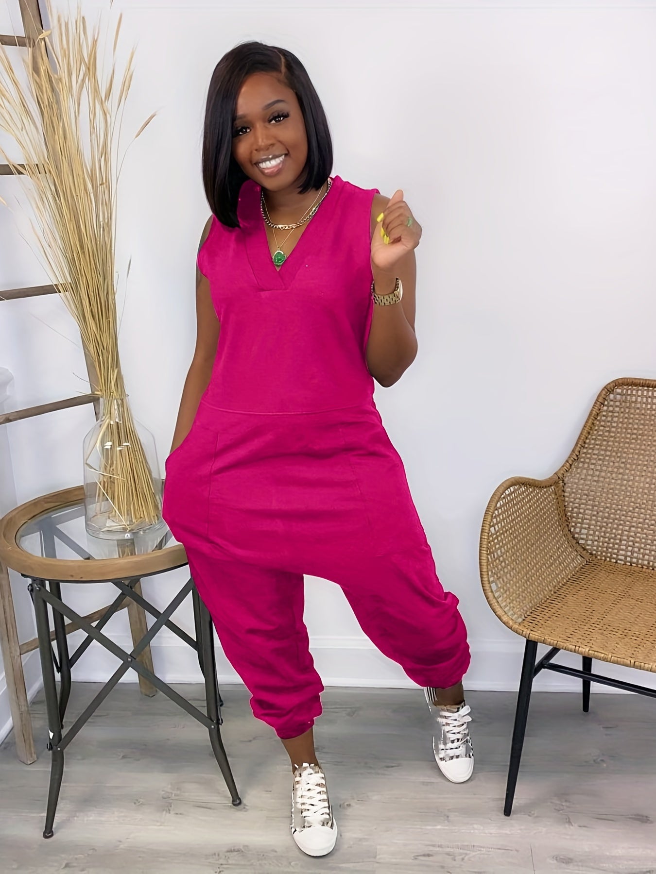 Sleeveless V Neck Jumpsuit Solid Baggy Summer Casual Jumpsuit