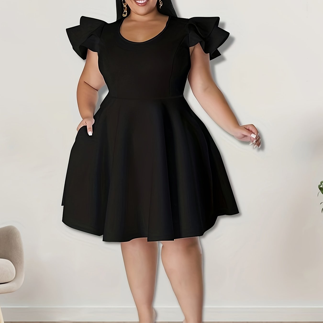 Solid Ruffle Sleeve A-Line Cocktail Party Dress With Pocket