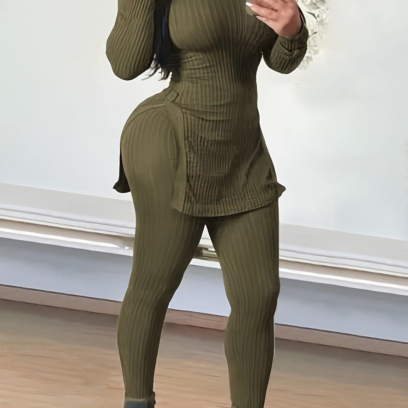 Ribbed V Neck Top & Leggings Two Piece Set