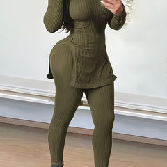Ribbed V Neck Top & Leggings Two Piece Set