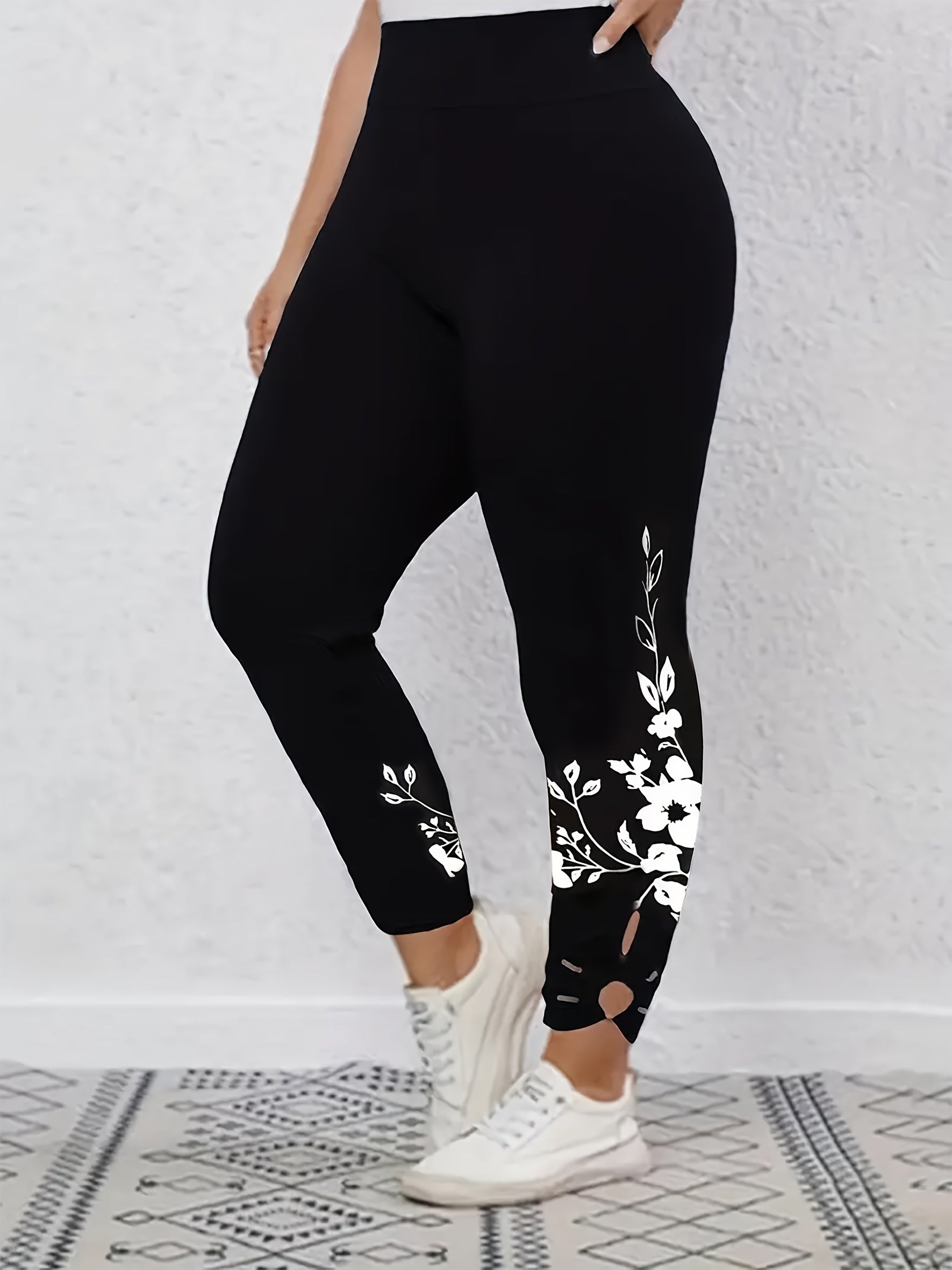 Sports Leggings Women's Plus Floral Print Cut Out Elastic High Waisted