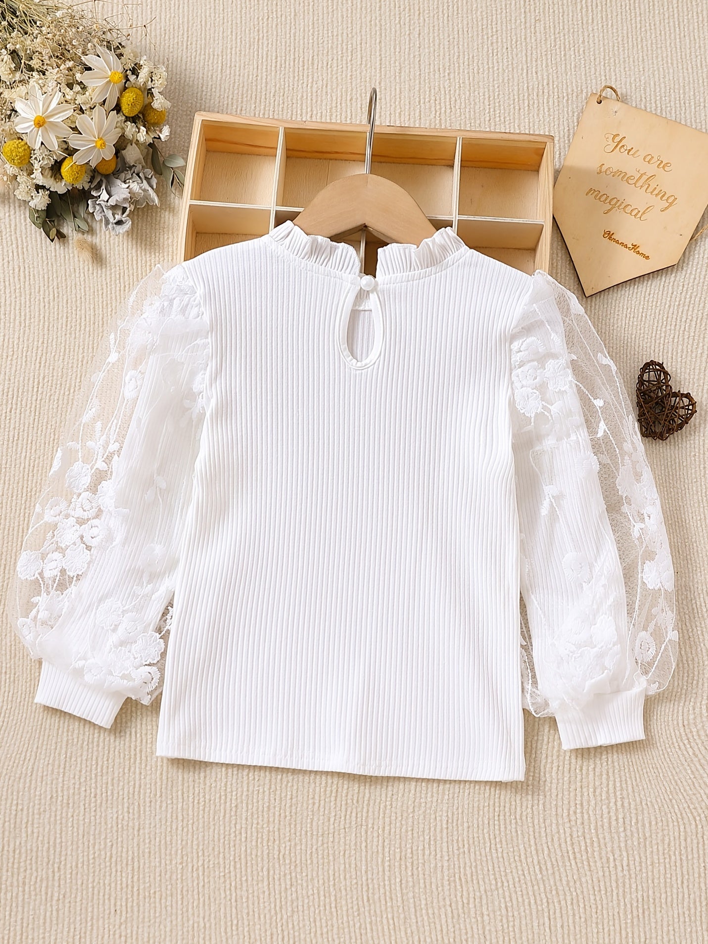 Girls Long Puff Sleeve Lace Ruffle T-Shirt Kids Clothes