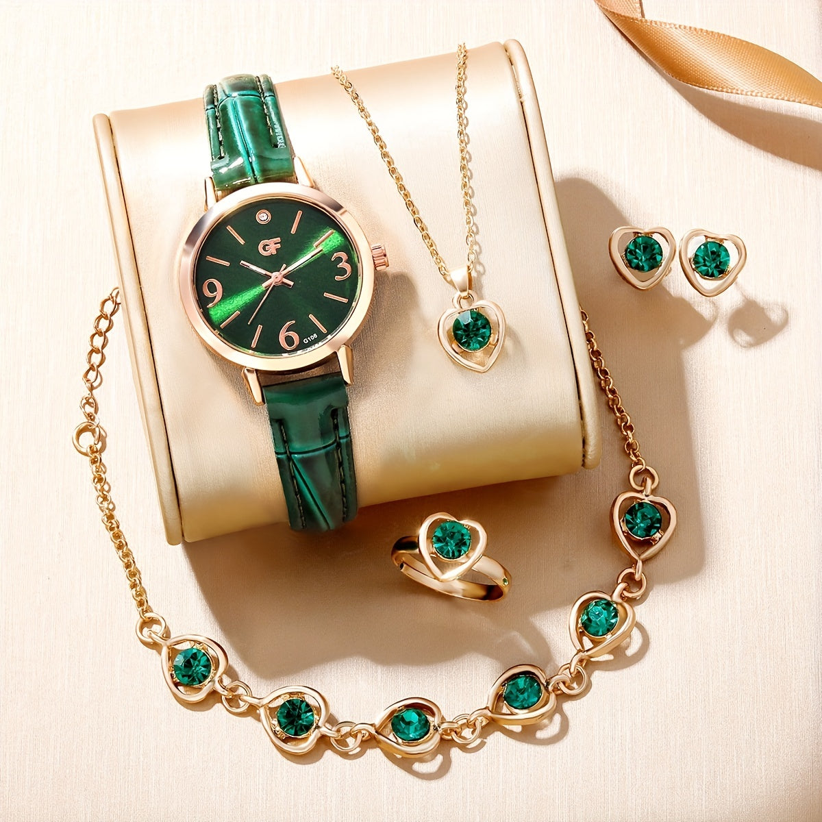 6pc Set Rhinestone Children's Leather Quartz Watch Love Jewelry Set