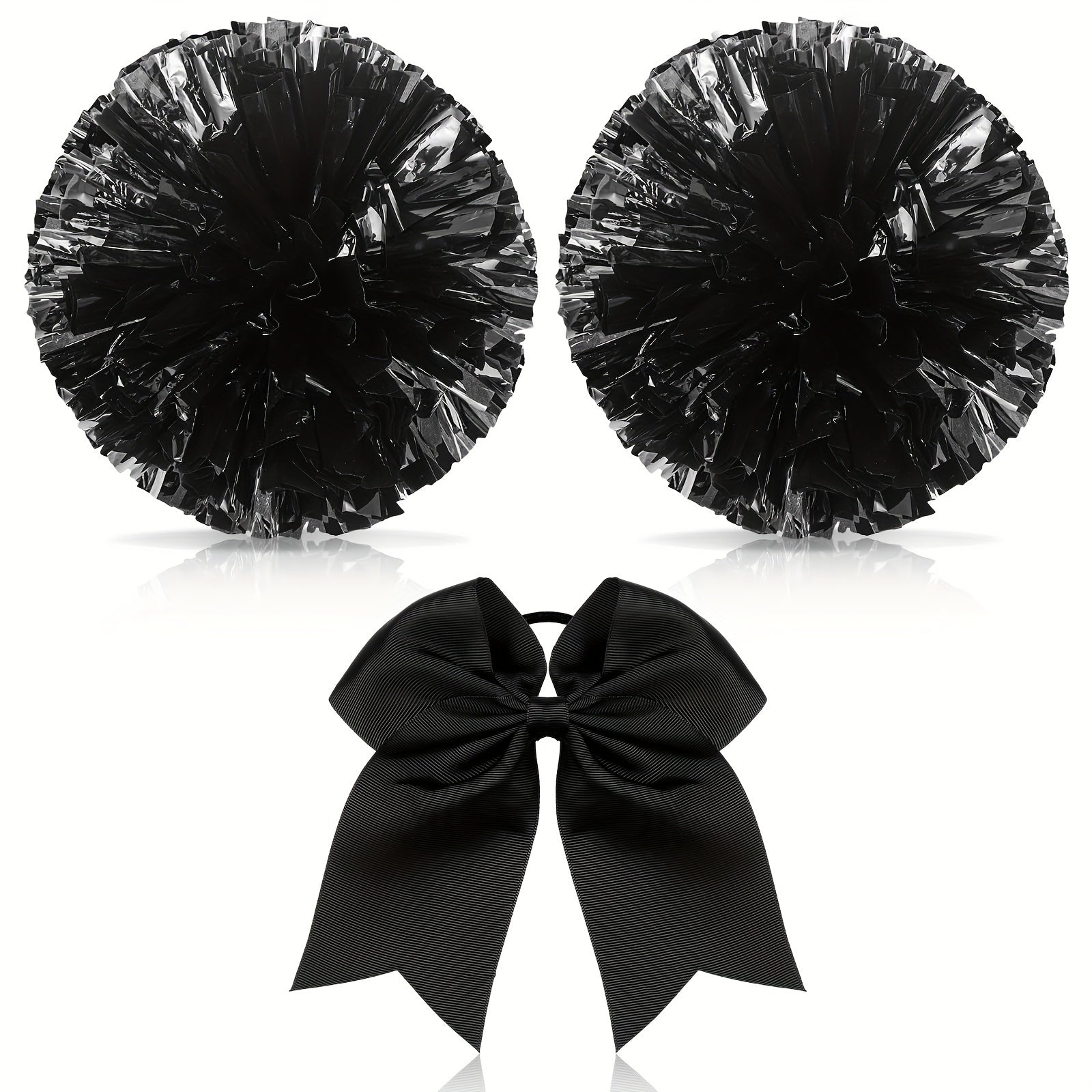 3pcs Cheer Pom Poms & Large Cheer Hair Bow Set - Metallic Accessory