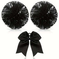 3pcs Cheer Pom Poms & Large Cheer Hair Bow Set - Metallic Accessory