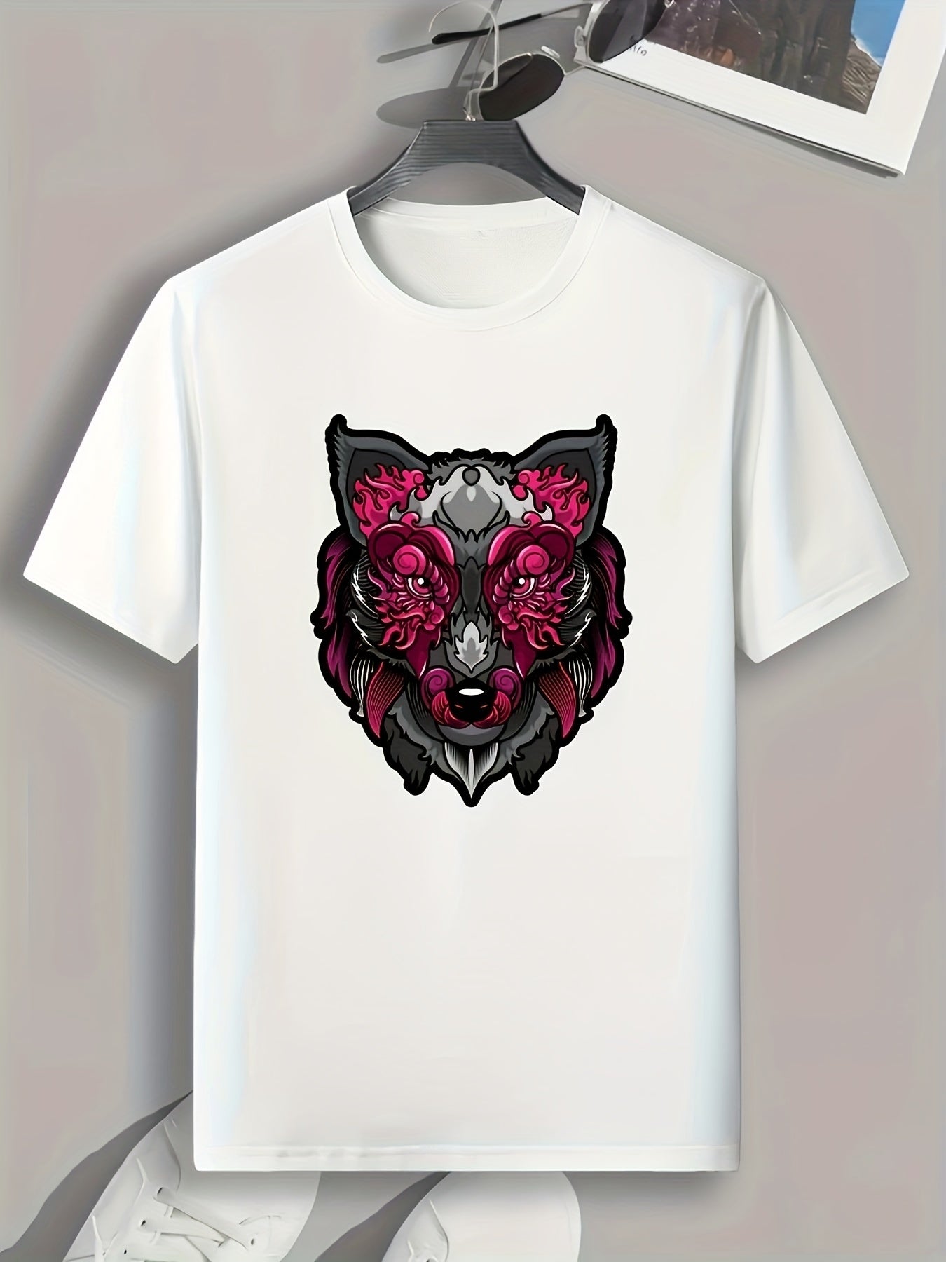 Wolf Pattern Print Men's Comfy Sports T shirt Graphic Tee for Fitness Activities