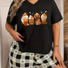 Halloween Loungewear Top Women's Bat & Pumpkin Drinks Print Pajama Top