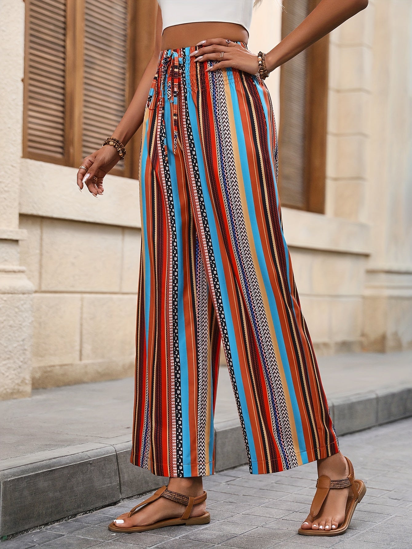 Striped Stirred Waist Wide Leg Pants Boho Tied Pants Spring Summer