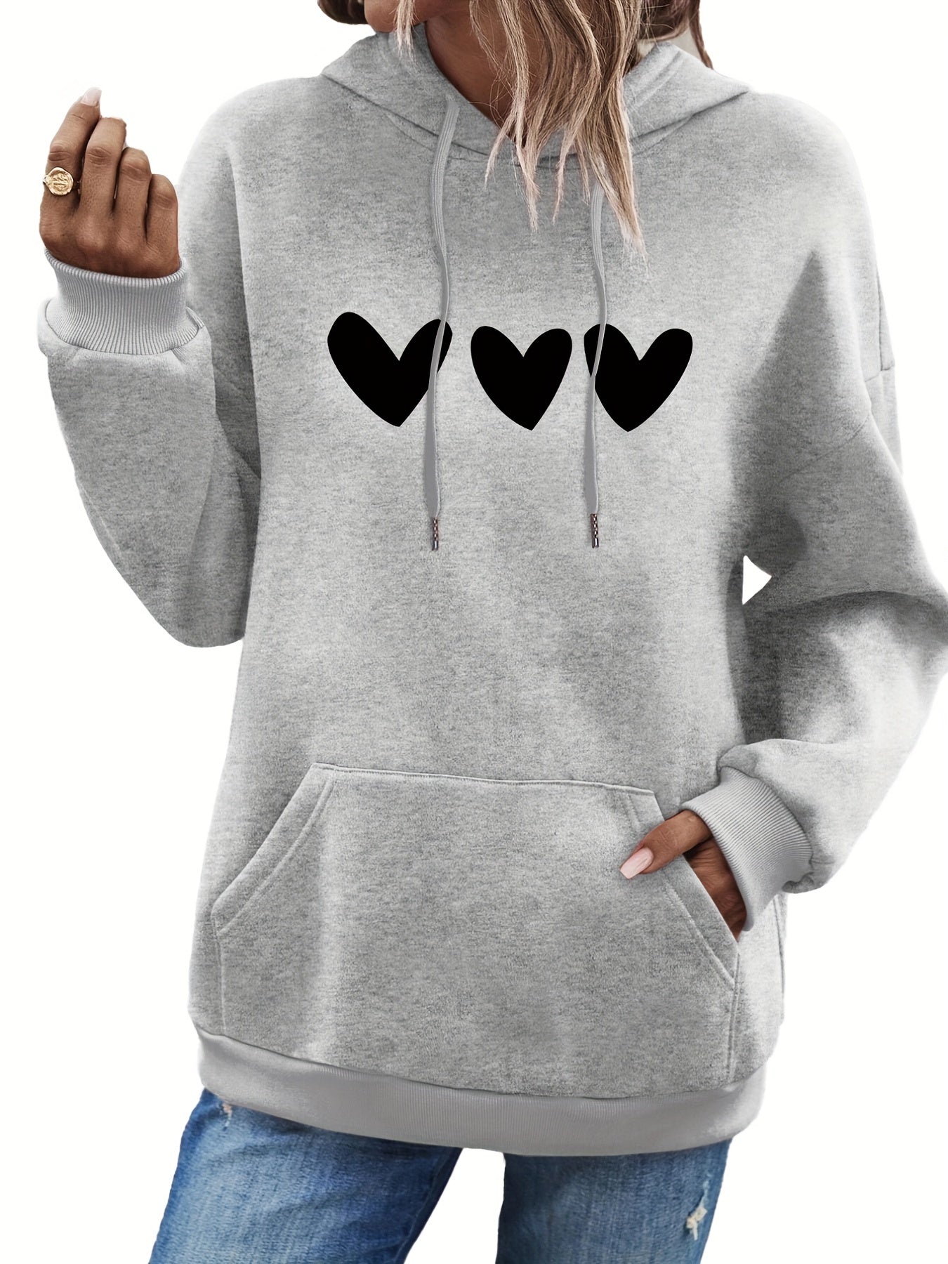 Heart Print Kangaroo Pocket Hoodie Long Sleeve Drawstring Hoodie