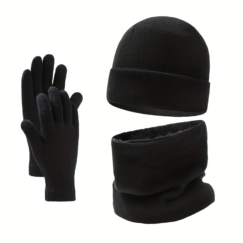 Winter Hat Gloves Scarf Set Plush Fleece Wool Cap