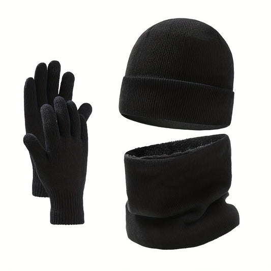 Winter Hat Gloves Scarf Set Plush Fleece Wool Cap
