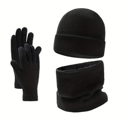 Winter Hat Gloves Scarf Set Plush Fleece Wool Cap